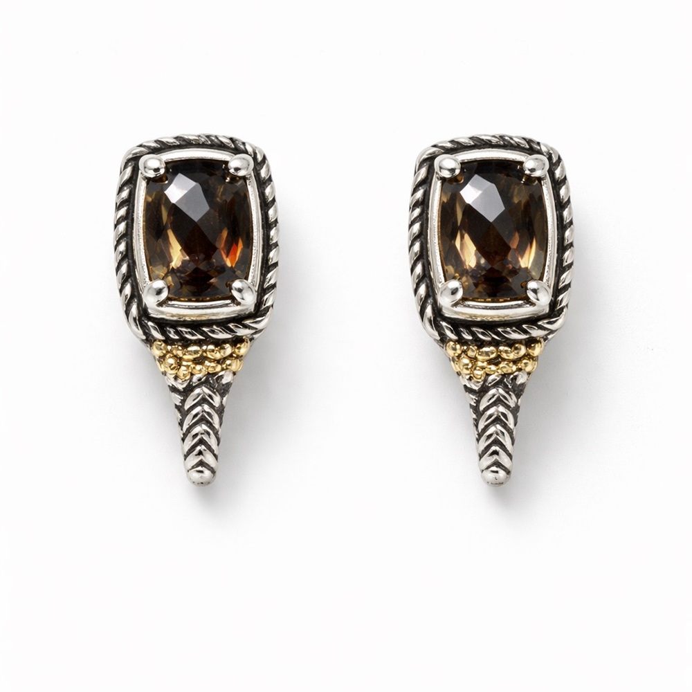 14K Gold & Sterling Silver Smoky Topaz Earrings Thailand Signed - Picture 8 of 8